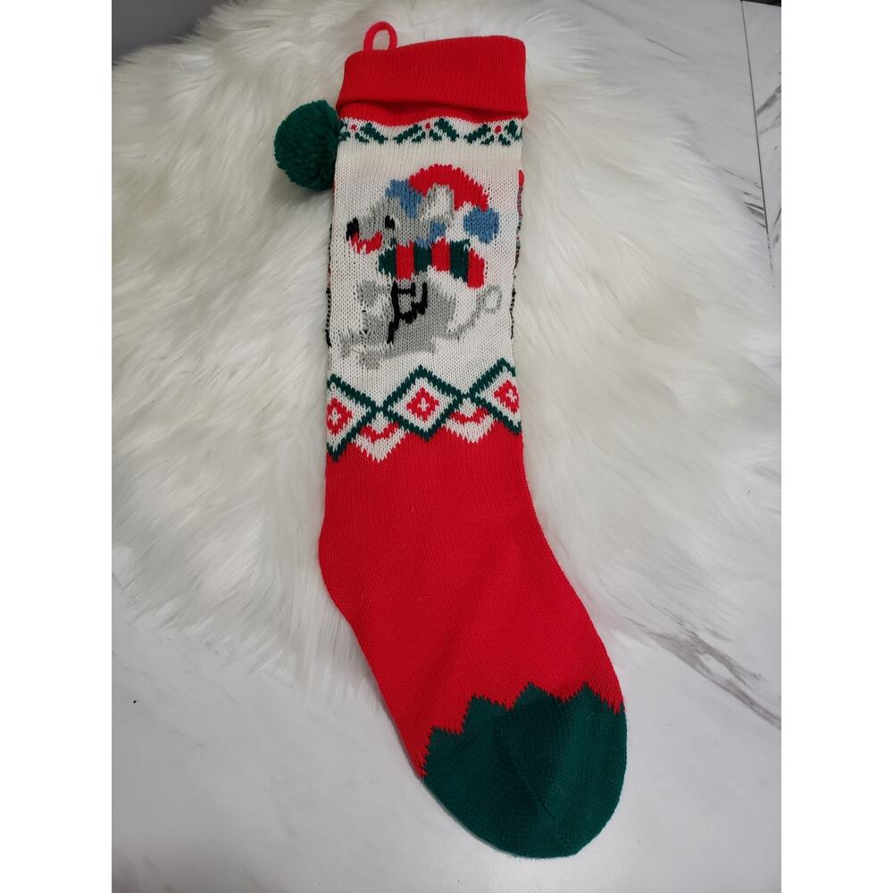 Vintage Hand Knit Christmas Stocking MOUSE 20" Retro Kitschy